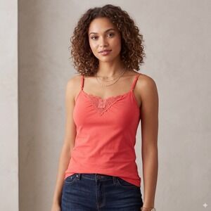 Vtg 90s Y2K Faded Glory Floral Lace Trim Cami Tank Top Lg 12/14 Pink Coral Boho